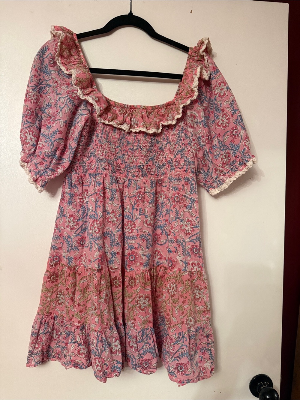 RIXO Pink and Blue Floral Smocked Ruffle Mini Dress